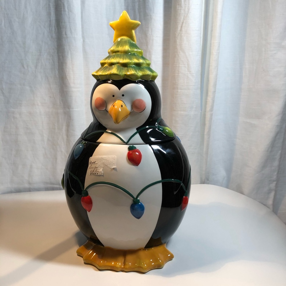 Penguin Christmas Lights Tree Ceramic Biscuit Jar